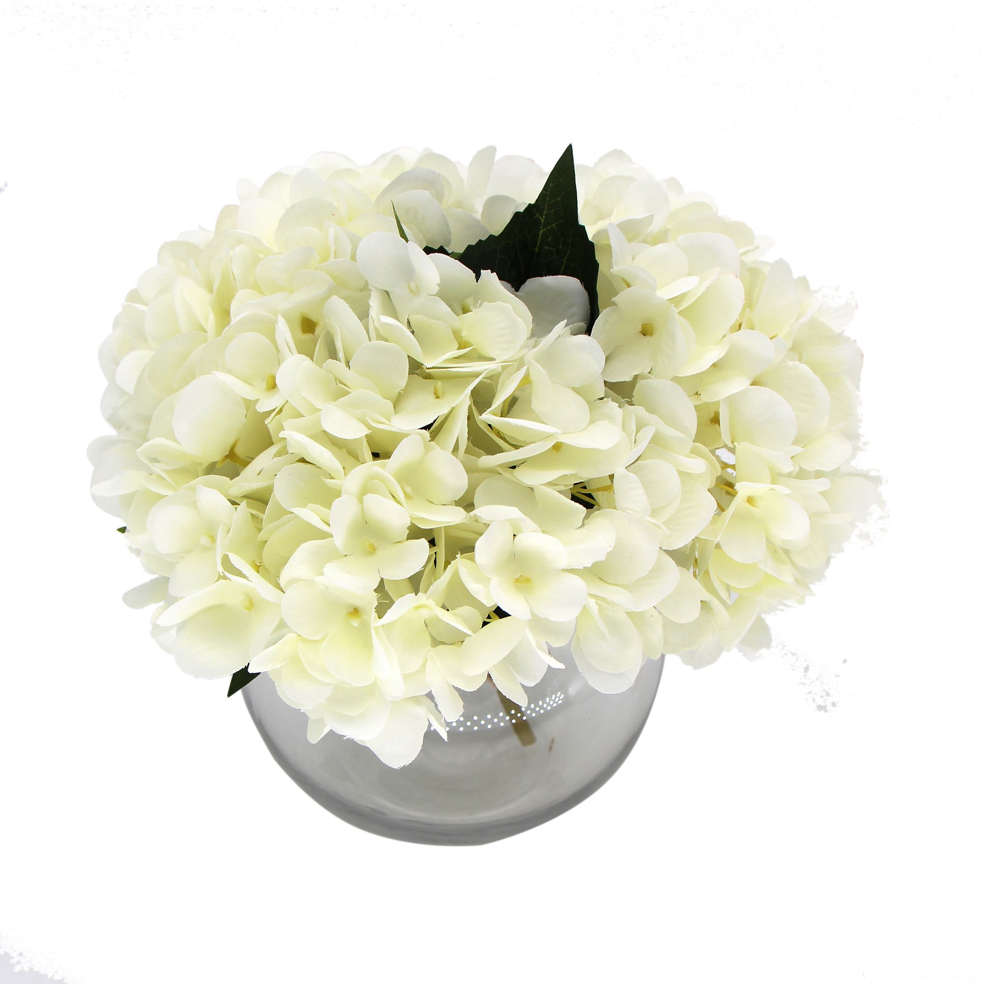 V77-88014_88014_1 Premium Faux Hydrangea With Glass Vase (Artificial Flowering White Hydrangea) 23cm - Image 1