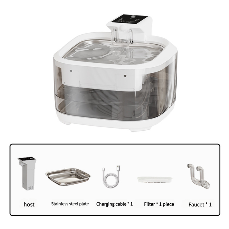 V888-ELOSUNG10107-204417-00 4.5L Dual-Flow Smart Pet Water Fountain with Stainless Steel Plate and Faucet – White Design - Image 1