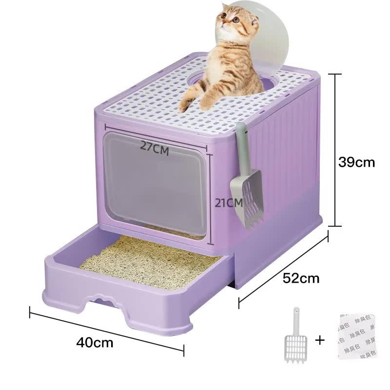 V888-ELOSUNG10202-204413-00 Top-Entry Cat Litter Box with Drawer-Enclosed Design, Easy Clean, Odor Control, Anti-Tracking Lid Purple - Image 1