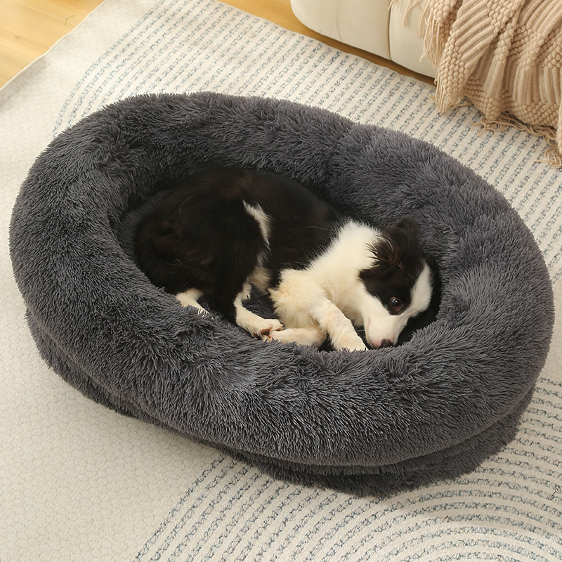 V888-ELOSUNG10222-204388-00 Fluffy Donut-Shaped Pet Bed- Soft, Cozy, and Anti-Anxiety for Dogs and Cats, Machine Washable Dark Gray Size:M 75*55*18cm - Image 1