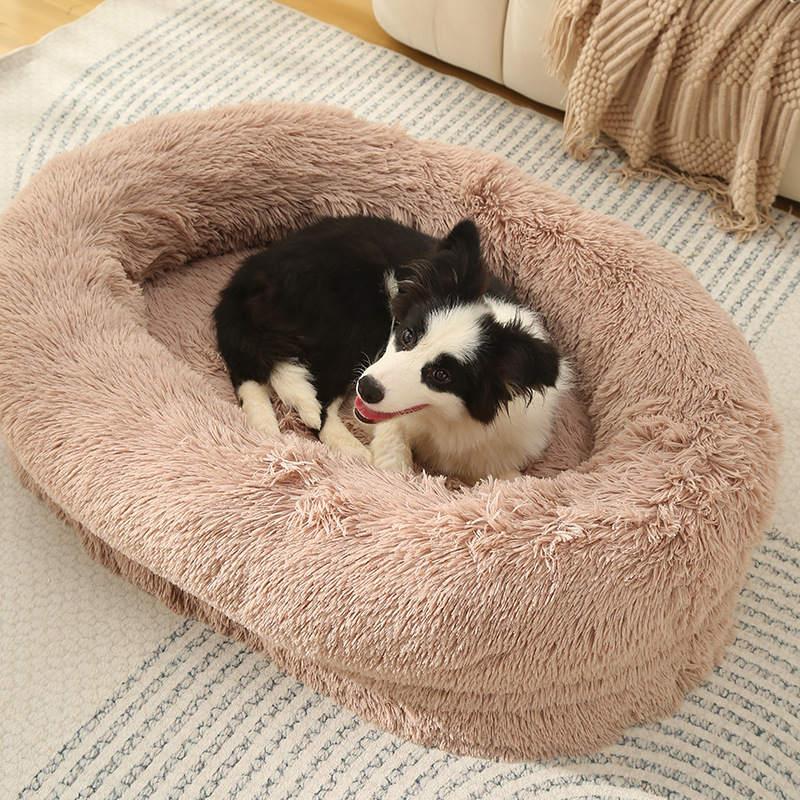 V888-ELOSUNG10229-204382-00 Fluffy Donut-Shaped Pet Bed- Soft, Cozy, and Anti-Anxiety for Dogs and Cats, Machine Washable Beige Brown Size:L 90*65*20cm - Image 1