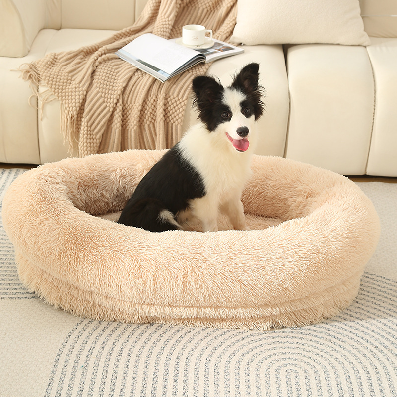 V888-ELOSUNG10232-204379-00 Fluffy Donut-Shaped Pet Bed- Soft, Cozy, and Anti-Anxiety for Dogs and Cats, Machine Washable Light Brown Size:L 90*65*20cm - Image 1