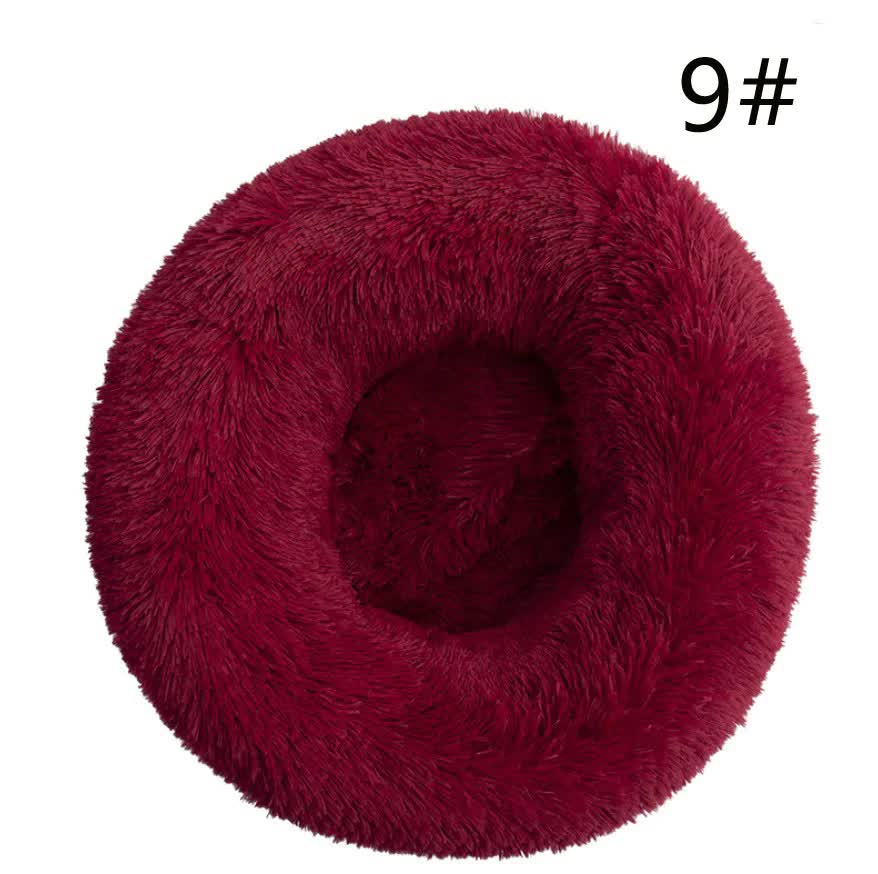 V888-ELOSUNG10281-204331-00 Calming Donut Pet Bed -Soft Faux Fur, Anti-Anxiety Fluffy Round Bed for Cats and Small Dogs (Wine Red)40cm - Image 1