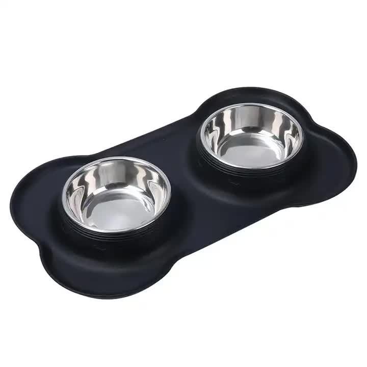 V888-ELOSUNG10459-204522-00 Non-Slip Stainless Steel Double Pet Bowl Set with Spill-Resistant Silicone Mat 45*27cm Black - Image 1