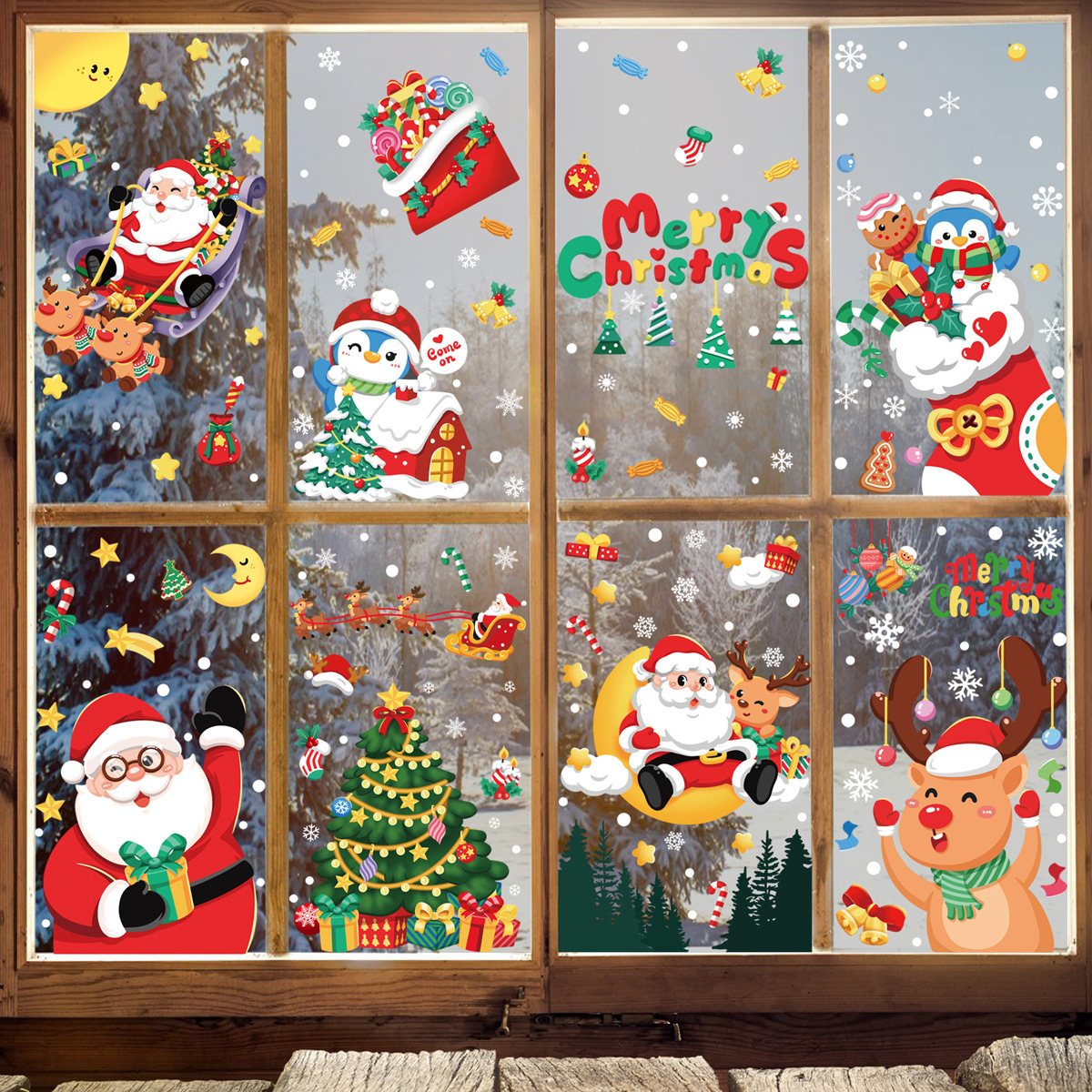 V888-ELOSUNG10489-204633-00 Christmas Window Stickers - Festive Santa Claus, Penguin, and Reindeer Decals for Holiday Home Decor - 2 Set of 16 Sheets (25*35cm) - Image 1