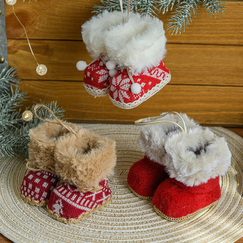 V888-ELOSUNG10503-205338-00 Knitted Christmas Boot Ornaments with Faux Fur Trim - Set of 3 Hanging Decorations - Image 1