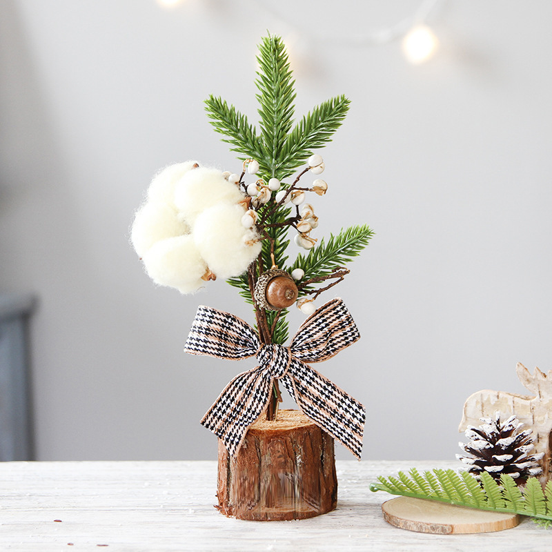 V888-ELOSUNG10525-205524-00 Mini Rustic Christmas Tree Decoration – 9.84 Inches Tall with Cotton and Plaid Bow Accents (4 trees) - Image 1