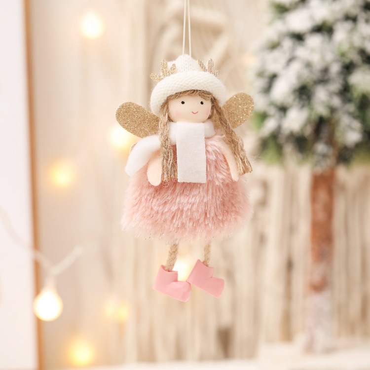 V888-ELOSUNG10548-206250-00 Winter Angel Ornament with Gold Glitter Wings and White Scarf - Christmas Tree Hanging Decoration 15*9 cm Pink colour (5 pieces) - Image 1
