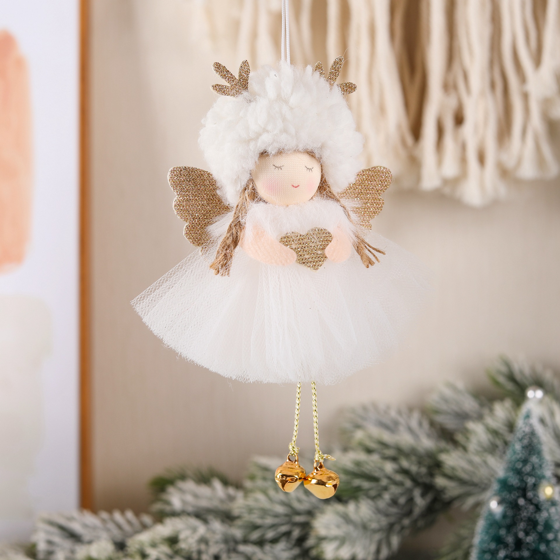 V888-ELOSUNG10550-205562-00 Gold and White Angel Ornament with Bells and Glitter Wings - Christmas Hanging Decoration 16*10*5cm White colour (5 pieces) - Image 1