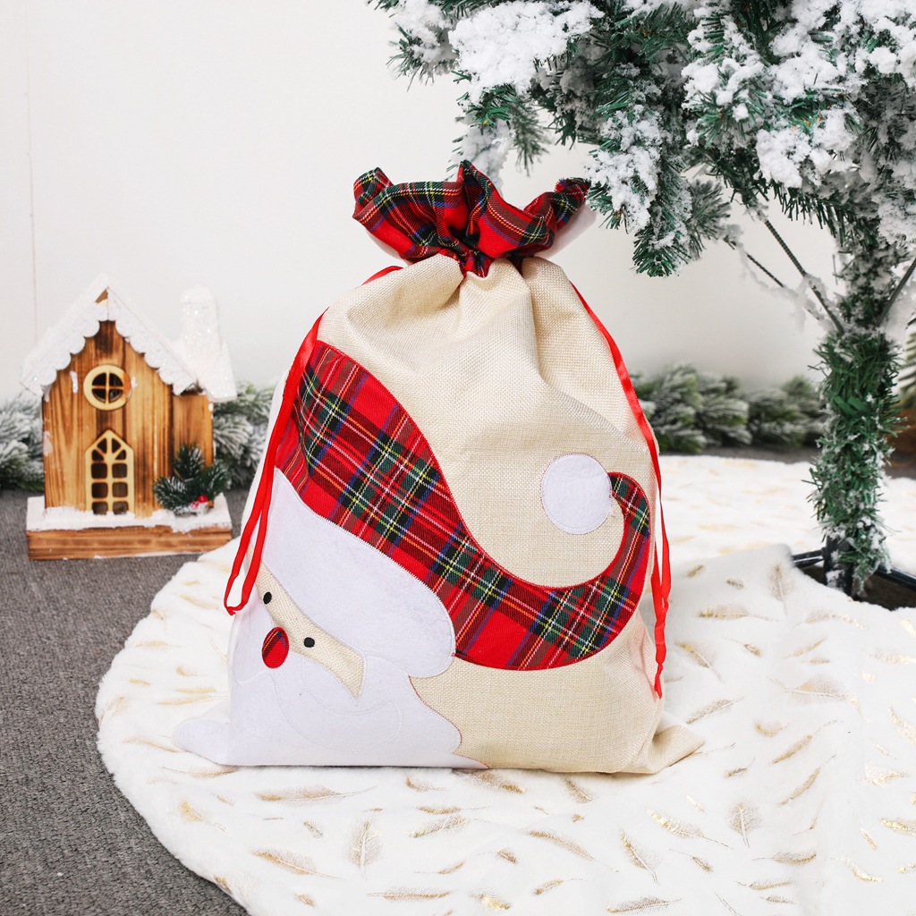 V888-ELOSUNG10553-205565-00 Large Santa Claus Gift Bag with Drawstring Closure - Plaid Christmas Sack for Holiday Presents (3 pieces) - Image 1