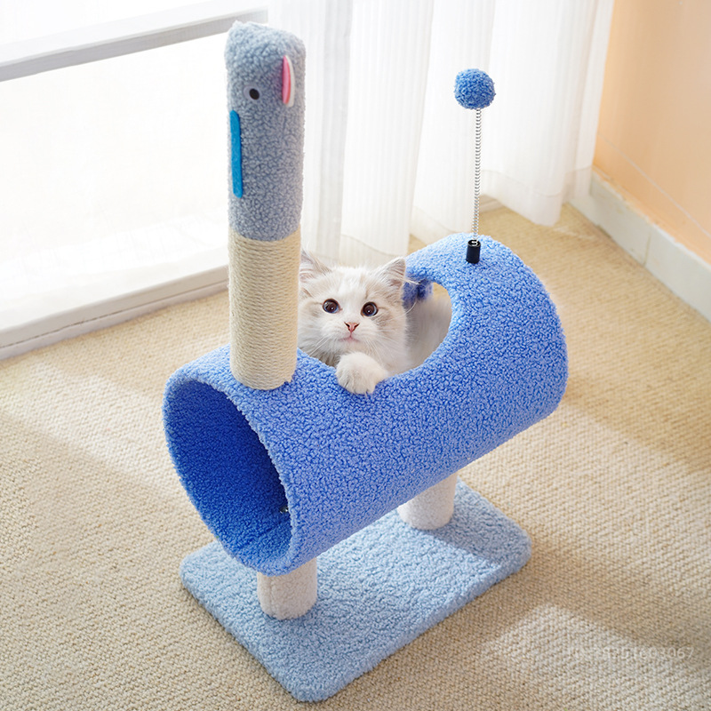 V888-ELOSUNG10726-205729-00 Interactive Cat Tunnel & Scratching Post with Spring Toy - Cozy Playtime for Kittens Blue - Image 1