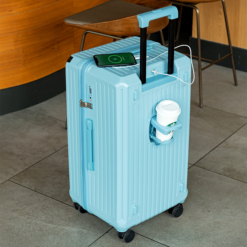 V888-ELOSUNG10835-206385-00 Smart Hard-Shell Luggage with USB Charging Port & Cup Holder - 20"Spinner Suitcase in Blue - Image 1