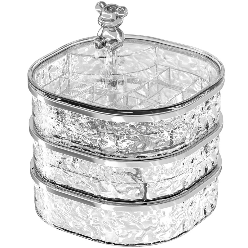 V888-ELOSUNG10861-206260-00 Elegant Crystal Stackable Jewelry Organizer with Bear Handle - 3-Tier Display Box for Accessories 13.4*13.4*14.2cm - Image 1