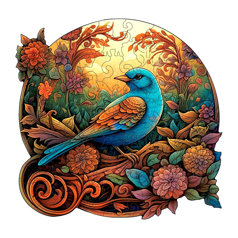 V888-ELOSUNG10972-206022-00 Colorful Bluebird Round Wooden Puzzle - Intricate Floral Art Design(M-paper box-H185) - Image 1