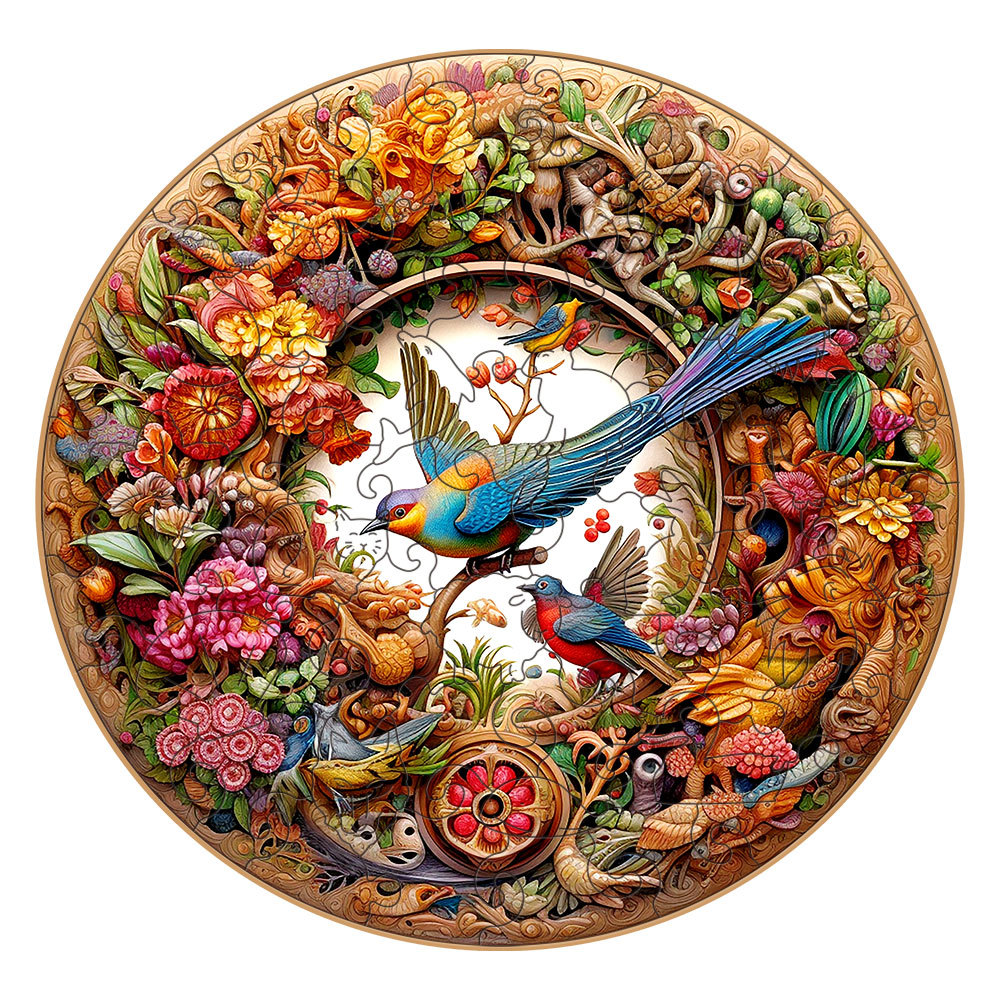 V888-ELOSUNG10980-206030-00 Intricate Garden Birds Round Wooden Puzzle - Vibrant Nature-Themed Artwork(S-paper box-H188) - Image 1