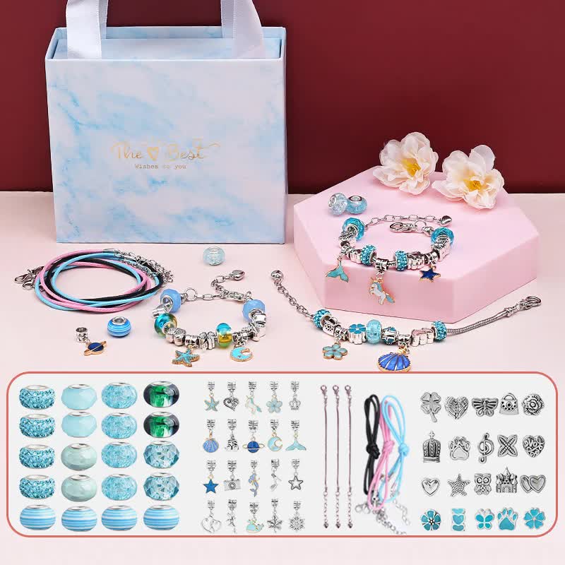 V888-ELOSUNG10997-206079-00 DIY Charm Bracelet and Necklace Making Kit - Luxury Gift Set with Drawer Box (66PCS) - Image 1
