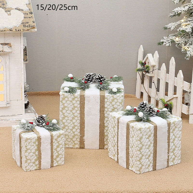V888-ELOSUNG11185-208605-00 YH99032 Set of 3 Decorative Christmas Gift Boxes with Pine Cones & Berries,without lights - Holiday Decor for Indoor Display (15/20/25cm) - Image 1