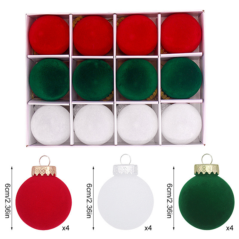 V888-ELOSUNG11207-208635-00 12-Piece Velvet Christmas Ornament Set - Classic Red, Green, and White Baubles for Holiday Tree Decoration (6cm) - Image 1