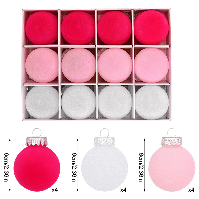 V888-ELOSUNG11209-208637-00 12-Piece Velvet Christmas Ornament Set - Classic Red, Pink, and White Baubles for Holiday Tree Decoration (6cm) - Image 1