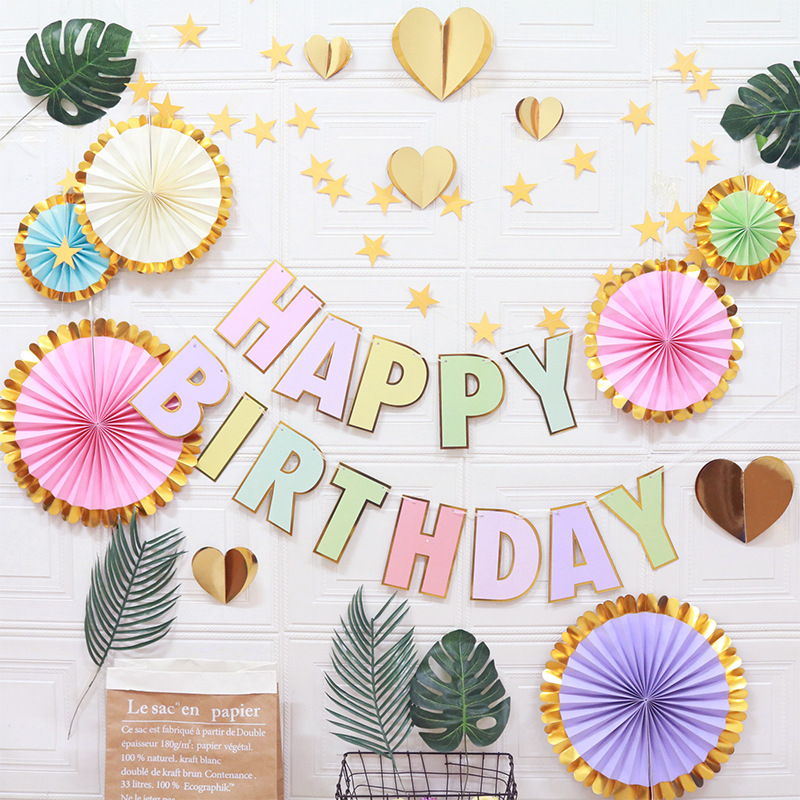 V888-ELOSUNG11214-208642-00 Happy Birthday Party Decoration Set - Fan Decorations, Hearts, Stars & Banner - Image 1