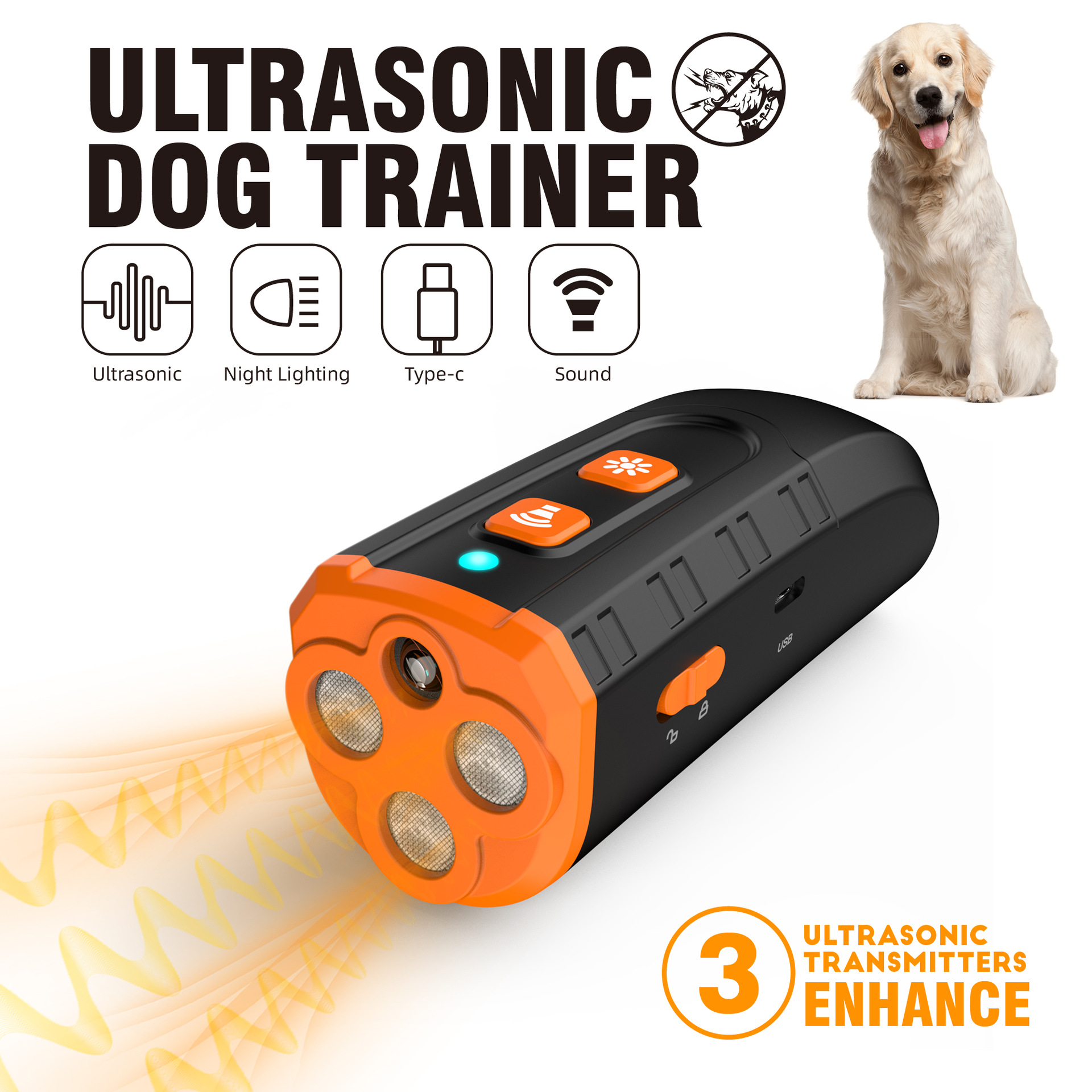 V888-ELOSUNG11265-208889-00 Ultrasonic Dog Trainer Device | Handheld Pet Training Tool with Night Light & Type-C Charging 3.7V - Image 1