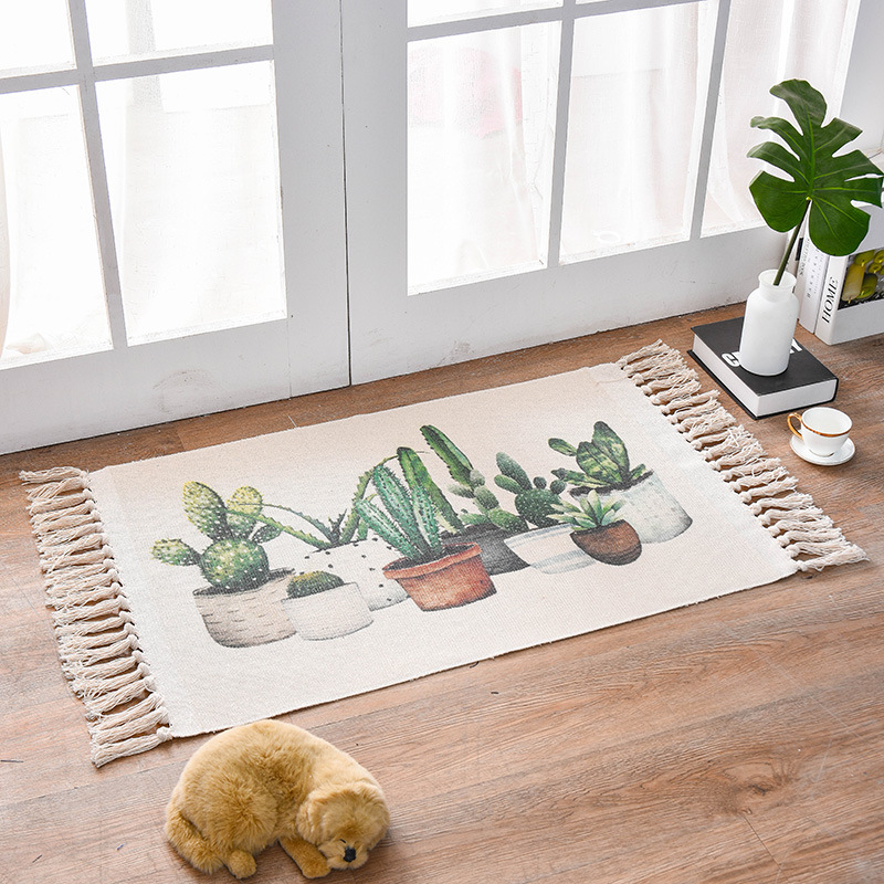 V888-ELOSUNG11277-208883-00 Bohemian Cotton Area Rug with Tassels - Geometric Pattern, Decorative Floor Mat 60*90cm - Image 1