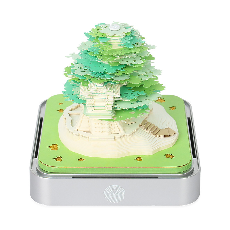 V888-ELOSUNG11392-209300-00 Green Tree House Blossom 3D Paper Sculpture Night Light with Memo Pad, Silver Base - Elegant Gift Set for Home & Office - Image 1