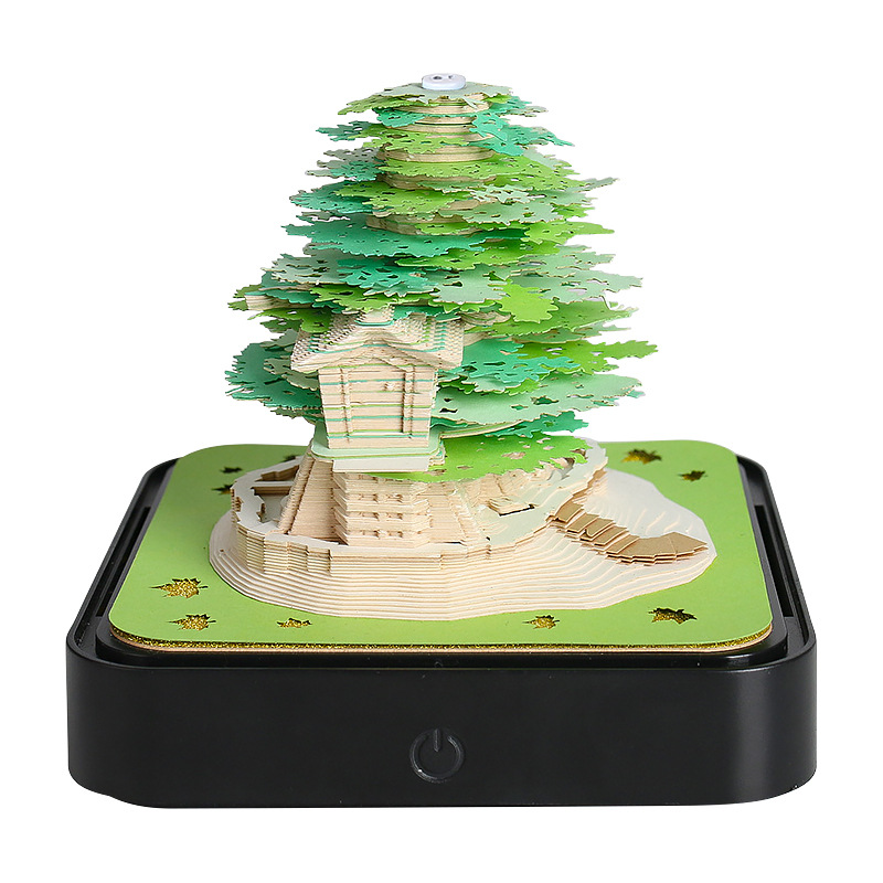V888-ELOSUNG11395-209365-00 Green Tree House Blossom 3D Paper Sculpture Night Light with Memo Pad, Black Base - Elegant Gift Set for Home & Office - Image 1