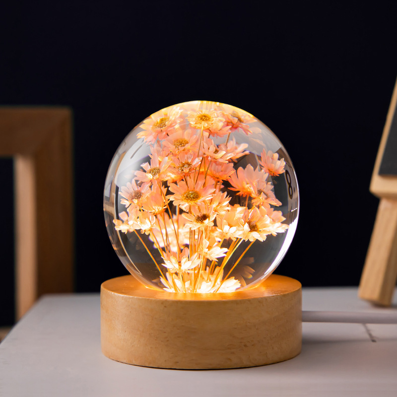 V888-ELOSUNG11474-210590-00 Luminous 3D Dandelion Crystal Ball Beech Wood Stand Base Preserved Flower Sphere Ball Desktop Ornaments Bithday Christmas Gifts - Image 1