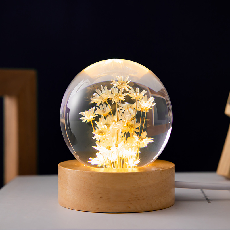 V888-ELOSUNG11475-210591-00 Luminous 3D Dandelion Crystal Ball Beech Wood Stand Base Preserved Flower Sphere Ball Desktop Ornaments Bithday Christmas Gifts - Image 1