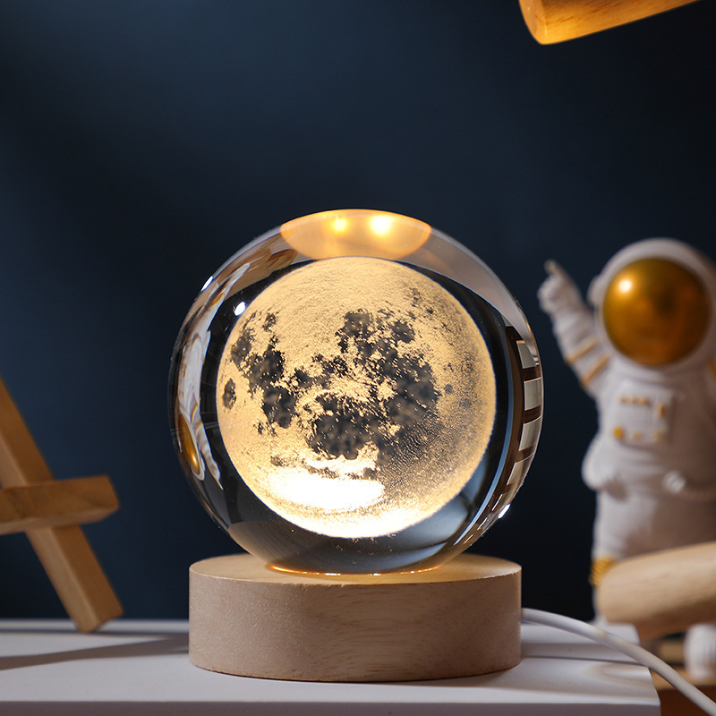 V888-ELOSUNG11478-210600-00 3D Moon Pattern Crystal Ball Lamp with Round Base & Gift Box Elegant Lunar Night Light - Image 1