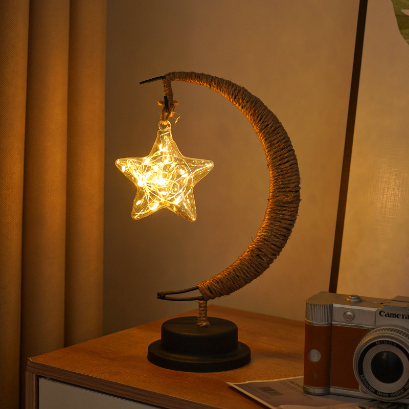 V888-ELOSUNG11490-211156-00 LED Multi-Shape Decorative Lights - Star, Moon, Apple USB Night Lights with Handmade Hemp Rope, Warm Iron Craft, Perfect Birthday & Christmas Gift - Image 1