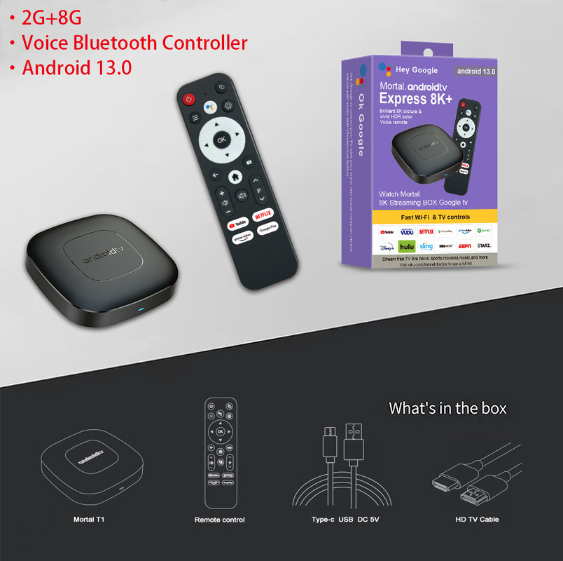 V888-ELOSUNG11606-209568-00 Android TV Express 8K+ Streaming Box - Ultra HD Android 13.0, 2G+8G with Voice Bluetooth Controller - Image 1