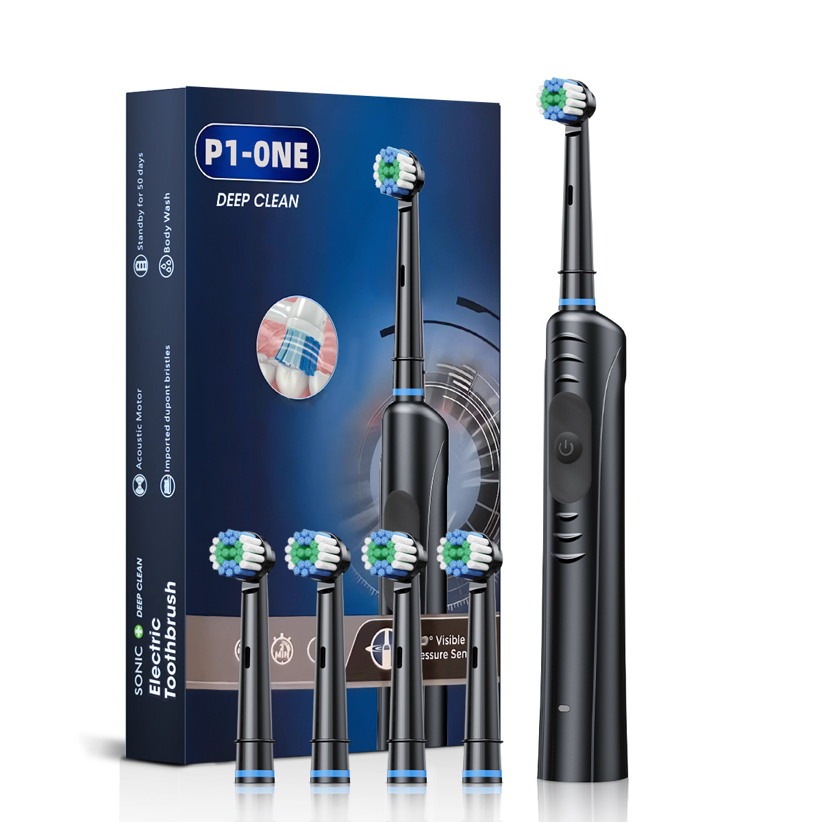 V888-ELOSUNG11615-209570-00 Black Rechargeable Sonic Electric Toothbrush - Deep Clean with 4 Replacement Heads - Image 1