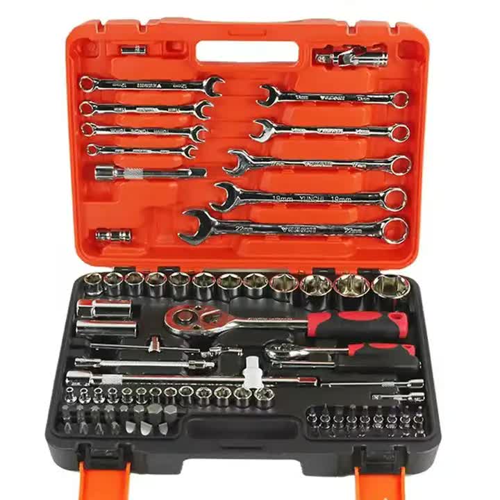 V888-ELOSUNG11674-209683-00 82-Piece Professional Automotive Repair Tool Set - 1/2 & 1/4 Drive Ratchets, Sockets, and Wrenches for Engine, Tire, and Spark Plug Maintenance - Image 1
