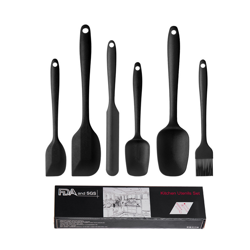 V888-ELOSUNG11722-209811-00 6-Piece Silicone Kitchen Utensil Set - Heat Resistant Baking Tools with Spatulas, Spoon, and Brush (Black)(2 set/12PCS) - Image 1