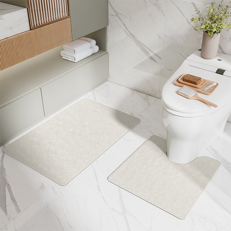 V888-ELOSUNG11782-209895-00 Beige Bathroom Floor Mat Set - U-Shaped Toilet Mat 50*50cm & Rectangular 40x60cm Mat for Bathroom - Image 1