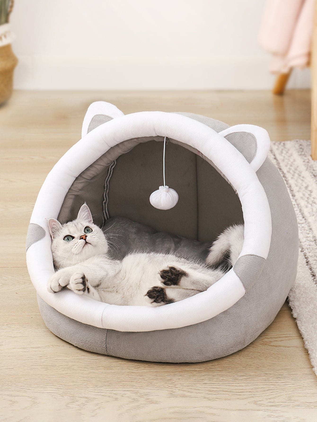 V888-ELOSUNG11806-209912-00 Gray Half-Enclosed Cat Bed - Soft Short Velvet Fabric with Sponge + PP Cotton Filling, S Size (28x28x30 cm) - Image 1