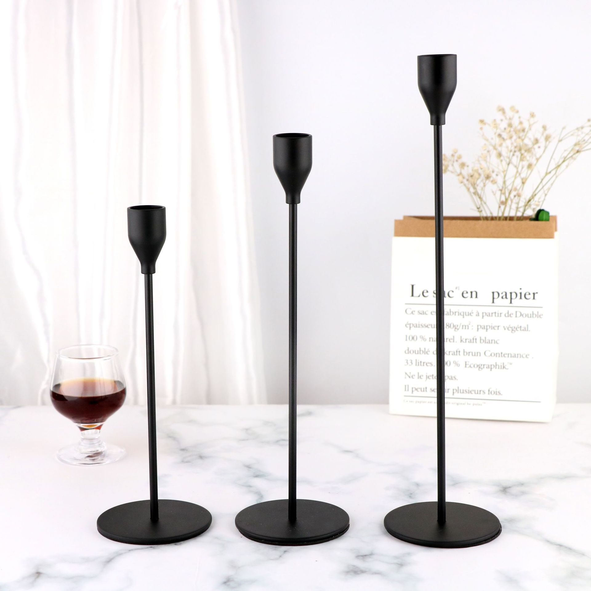 V888-ELOSUNG11814-209920-00 Minimalist Black Metal Candle Holder Set - 3-Piece Romantic Candle Cup Set for Living Room Decor, Elegant Dinner Table Accent - Image 1