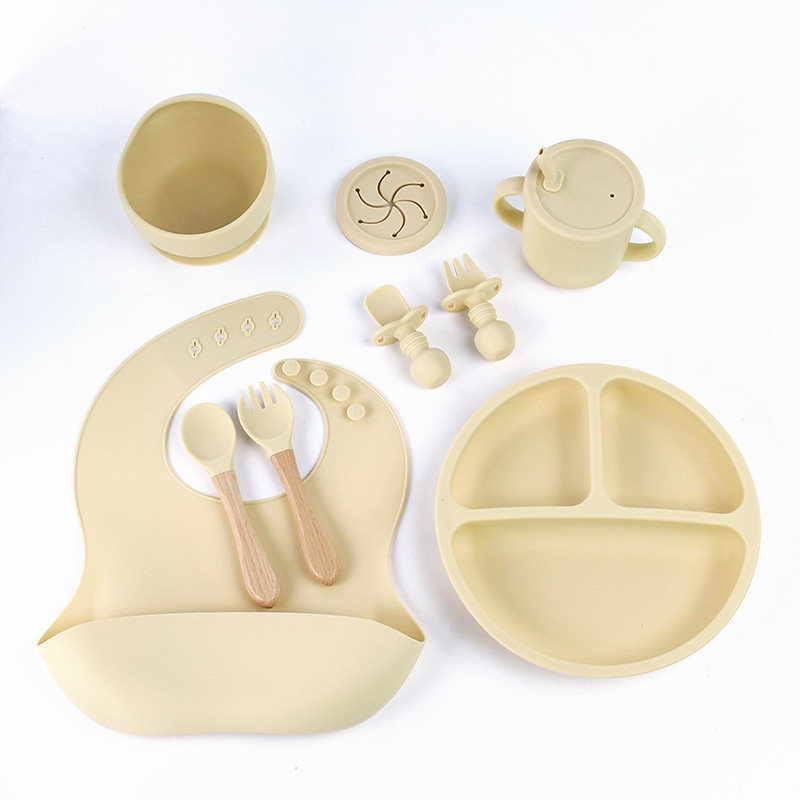V888-ELOSUNG11934-210755-00 Beige 8-Piece Silicone Children's Tableware Set - BPA-Free Baby Feeding Utensils with Wooden Fork and Spoon, Cup, Bowl, and Bibs - Image 1