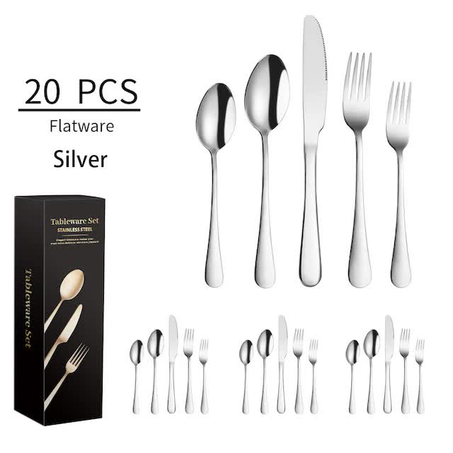 V888-ELOSUNG11940-210649-00 Silver 410 Stainless Steel Cutlery Set - Western Steak Knife, Fork & Spoon Set, 4 Set/20-Piece Dinnerware Set - Image 1