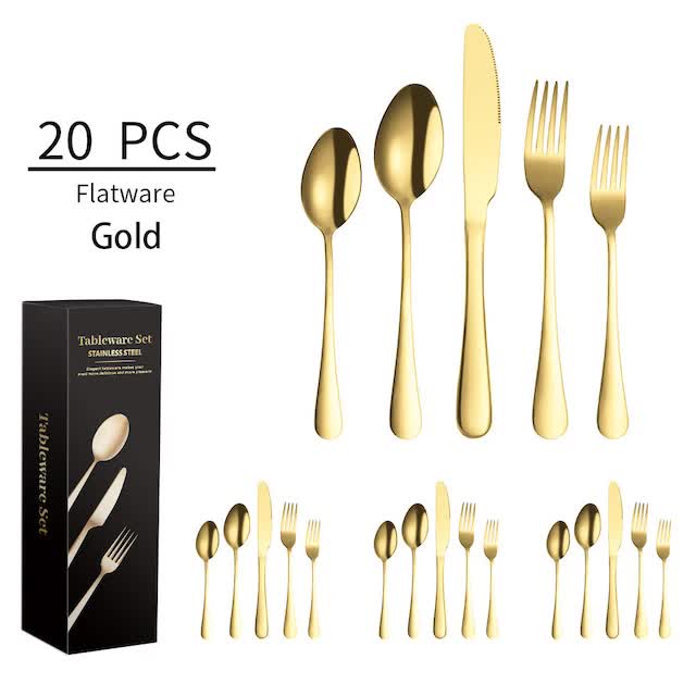 V888-ELOSUNG11941-210650-00 Gold 410 Stainless Steel Cutlery Set - Western Steak Knife, Fork & Spoon Set, 4 Set/20-Piece Dinnerware Set - Image 1