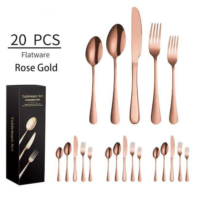 V888-ELOSUNG11942-210651-00 Rose Gold 410 Stainless Steel Cutlery Set - Western Steak Knife, Fork & Spoon Set, 4 Set/20-Piece Dinnerware Set - Image 1