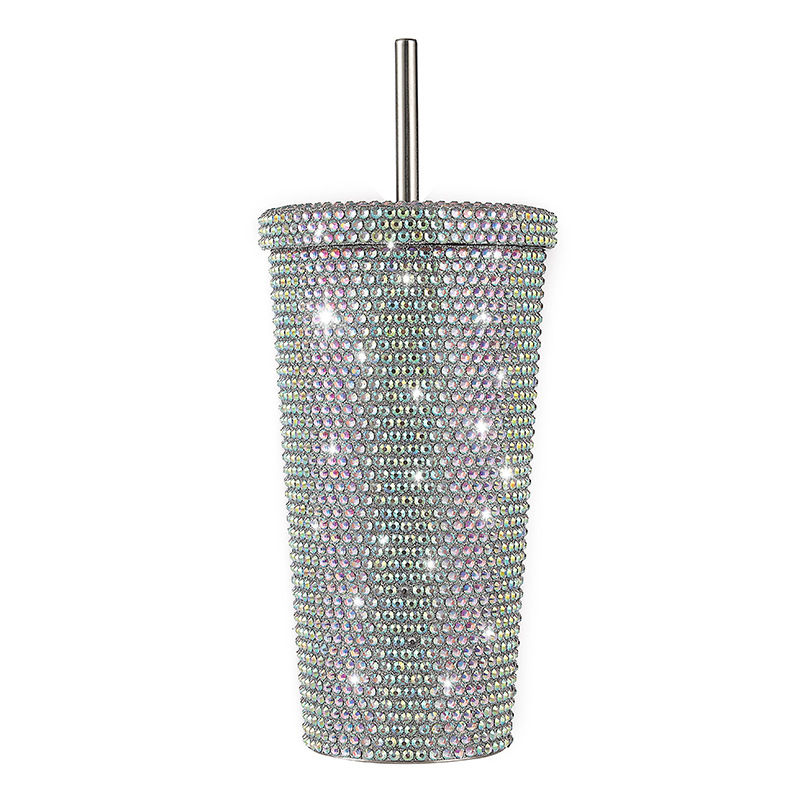 V888-ELOSUNG12102-210403-00 Diamond-Inlaid Insulated 304 Stainless Steel Cup with Straw - Double-Walled, Rhinestone Coffee Mug, Gift Cup for Beverages - Image 1