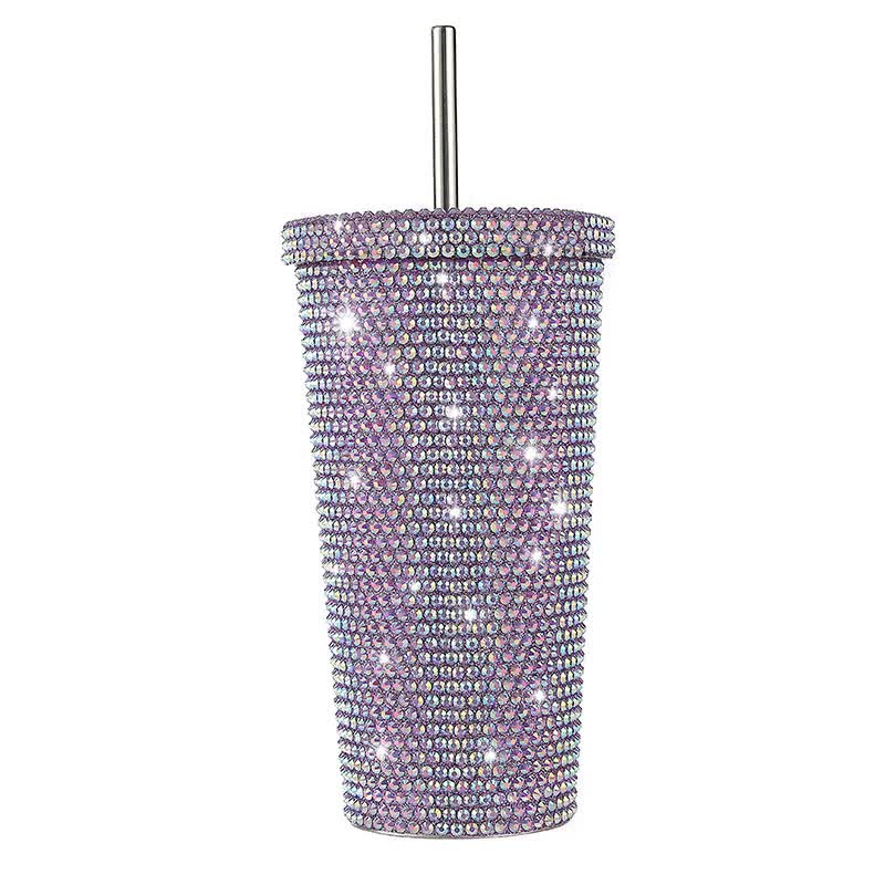 V888-ELOSUNG12104-210405-00 Purple Diamond-Inlaid Insulated 304 Stainless Steel Cup with Straw - Double-Walled, Rhinestone Coffee Mug, Gift Cup for Beverages - Image 1