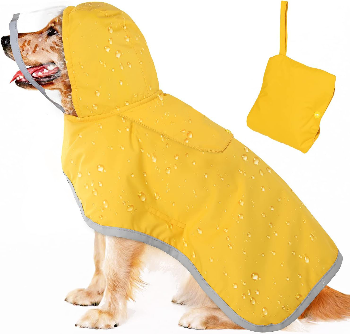 V888-ELOSUNG12115-210359-00 L Yellow Reflective Adjustable Pet Raincoat with Hood - Waterproof Dog Jacket, Adjustable Dog Poncho for Outdoor Protection - Image 1