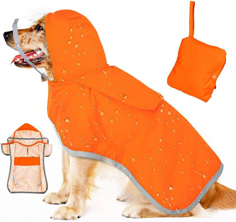 V888-ELOSUNG12128-210421-00 M Orange Reflective Adjustable Pet Raincoat with Hood - Waterproof Dog Jacket, Adjustable Dog Poncho for Outdoor Protection - Image 1