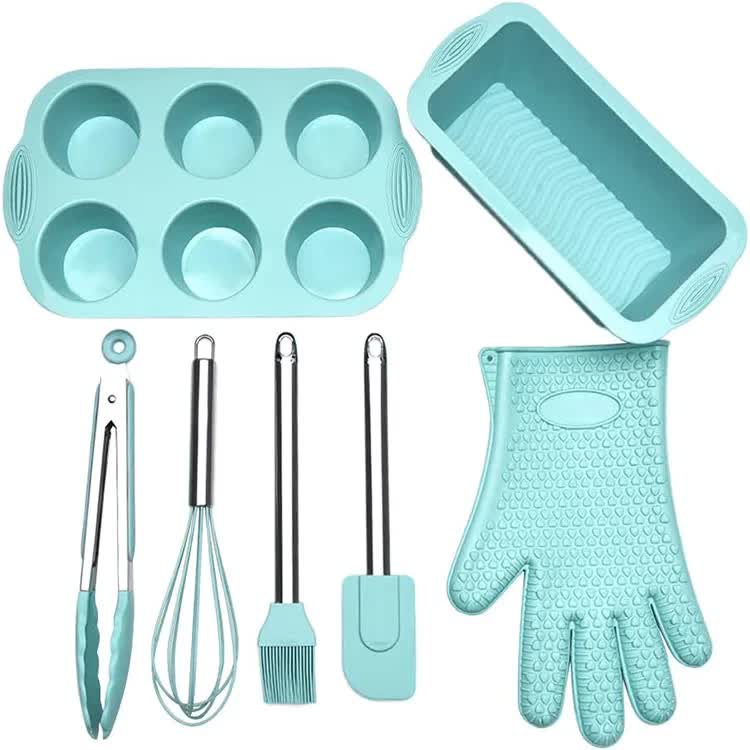 V888-ELOSUNG12267-211263-00 Green 7-Piece Silicone Bakeware Set with Whisk, Spatula, Brush, Gloves, and Cake Molds for Home Baking - Image 1