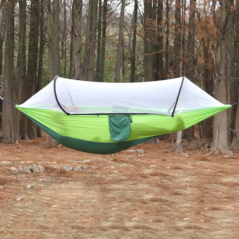 V888-ELOSUNG12297-211140-00 Green Outdoor Camping Hammock with Mosquito Net, Anti-Tip Nylon Fabric, Single/Double Person Quick-Setup Hammock - Image 1