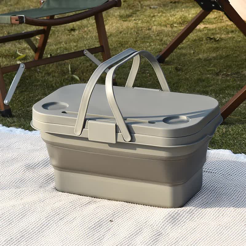 V888-ELOSUNG12318-211469-00 Grey Foldable Outdoor Picnic Basket with Lid and Tabletop, Camping Storage Box, Car-Friendly Organizer - Image 1